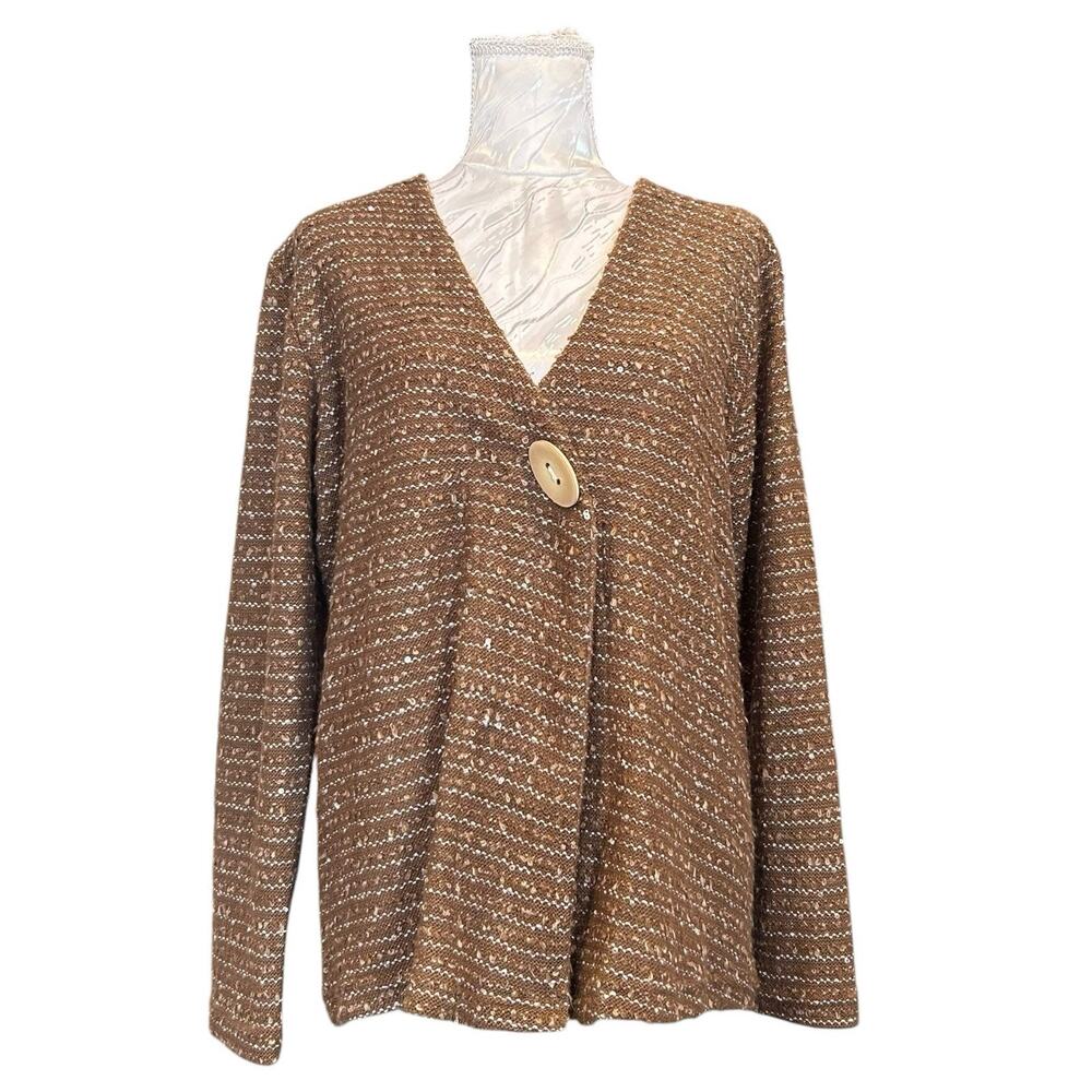 Vintage Y2K Brown Sequin Boucle Knit Sweater Wood Button V Neck Relaxed Size M